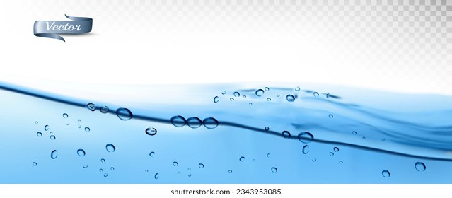 Transparent water waves with air bubbles and sunbeams on transparent background. Vector illustration