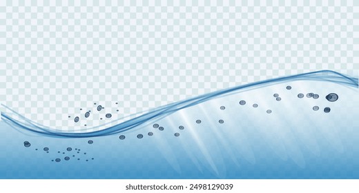 Transparent water waves with air bubbles and sunbeams on transparent background. Vector illustration
