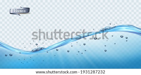 Transparent water waves with air bubbles and sunbeams on transparent background. Vector illustration