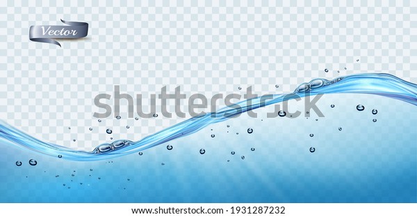 Transparent water waves\
with air bubbles and sunbeams on transparent background. Vector\
illustration