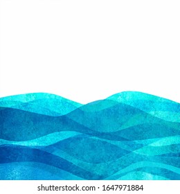 Transparent watercolor wave grunge sea ocean teal turquoise background. Watercolour hand painted waves illustration. Banner frame backdrop isolated on white. Grunge color cover. Space for logo, text.