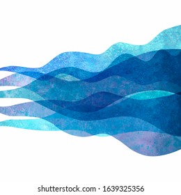 Transparent watercolor wave sea ocean blue teal turquoise background. Watercolour hand painted waves illustration. Banner frame backdrop isolated on white. Grunge color cover. Space for logo, text.