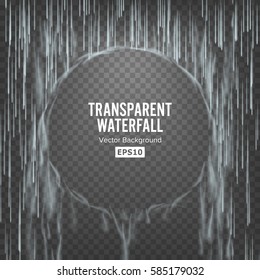 Transparent Waterfall Vector. Abstract Falling Water Texture. Nature Or Artificial Blue Water Drops Wall. Checkered Background. Illustration Blank Good For Banner, Brochure, Flyer.