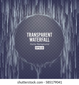 Transparent Waterfall Vector. Abstract Falling Water Texture. Nature Or Artificial Blue Water Drops Wall. Checkered Background. Illustration Blank Good For Banner, Brochure, Flyer.