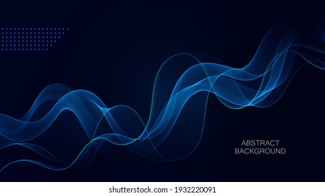 Transparent wavy smoky smooth flow of blue wave on dark background Brochure, banner, poster, cover, presentation, sale, business template design template.