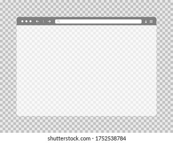 Transparent web browser window. Template of website page. Empty mockup of internet website. Isolated browser screen with blank page. Search bar in moder flat style. Vector EPS 10.