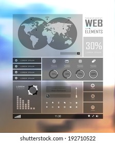 Transparent web site, business Infographics, plat elements on blur landscape can be used for workflow layout, banner, step up options,  number options,  web template