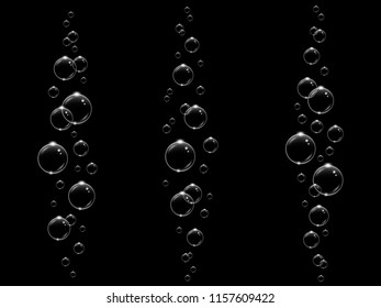 Transparent white bubbles flying in air or underwater, isolated on black background, vector illustration