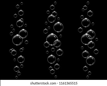 Burbujas blancas transparentes que vuelan en el aire o bajo el agua, aisladas en el fondo negro, ilustración vectorial