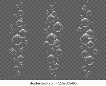 Transparent white bubbles flying in air or underwater, isolated on black background, vector illustration