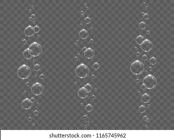 Transparent white bubbles flying in air or underwater, isolated on black background, vector illustration