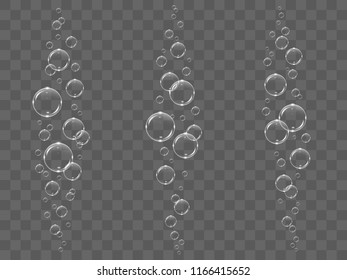 Transparent white bubbles flying in air or underwater, isolated on black background, vector illustration