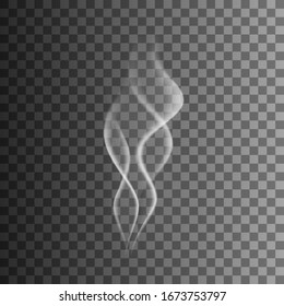 Transparent white cigarette smoke waves on dark background. Steam from coffee, tea or hot food.