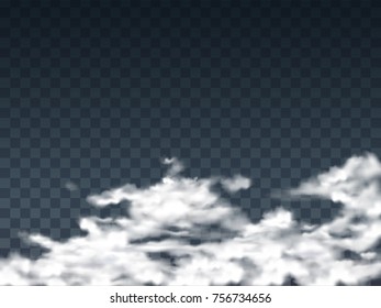Transparent white clouds in a realistic style on a transparent background, vector illustration. Template, element for design. Banner with clouds and place for your text