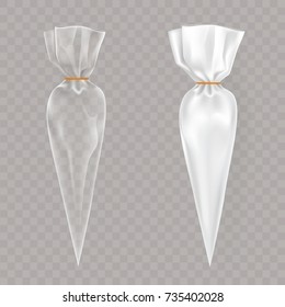 Transparent and white cone plastic or foil bag, package isolated realistic vector illustration. Blank cone packet template for product packaging mock-up, brand ad design