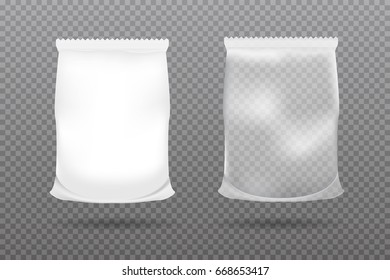 Transparent and White Food Packaging of Paper or Foil. Chips bag package. Snack Blank Sachet Bag. Mockup Template, Mock Up. 