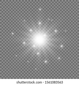Transparent white glow flash light or shine effect. Stock vector illustration of burst explosion glare texture. Lens flare with bright glowing rays