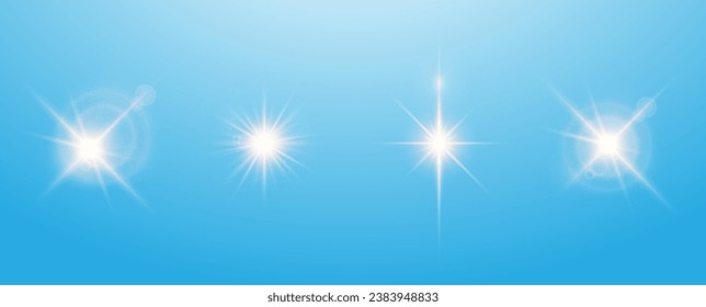Transparent white light effects on a blue background. A collection of various glowing sparks, stars. The effect of glow, radiance, shine. Vector EPS 10.
