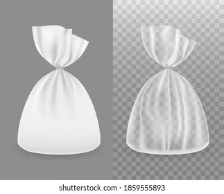 Transparent and white plastic bag. Realistic product package set. Mockup. clear bag. Vector 3d realistic. Packaging for bread, gifts, sweets, cookies, pasta, cereals, coffee. Wrapper. blank template. 
