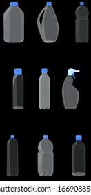 Transparent white plastic bottles on a black background. set of empty plastic bottles with blue caps