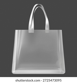 Saco de plástico transparente branco com alças viradas para cima, vista frontal. Bolsa para compras, armazenamento e transporte. Modelo em branco para identidade visual. Ilustração realista de vetor. Plano de fundo preto isolado.