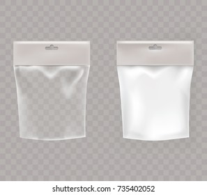 Transparent and white resealable ziplock plastic or foil bag with hang hole tab tag isolated realistic vector illustration. Blank doy packet template for product packaging mock-up, brand ad design