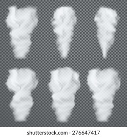 Transparent white smoke, vector set on dark background