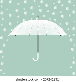 A transparent white umbrella with a cane handle protects against snow. Nice designer accessory for bad weather. Winter postcard. Vector.