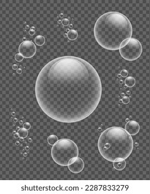 Transparent white water bubbles with reflection on transparent background isolated