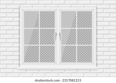 Marco transparente de la ventana blanca en la pared de ladrillo