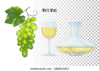 Vidrio blanco transparente, decantador de vidrio transparente con vino blanco, racimo de uva. Vector de vidrio con bebida alcohólica. Vidrio de vid completo, icono de decanter en estilo plano para diseños de interiores web.