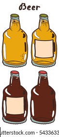 Transparent wide bottle of cold fresh beer with foam and bubbles closed with a cap. Hand drawn isolated illustration with the inscription on a white background