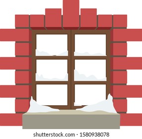 Transparent window in the winter with part of the masonry and window sill during christmass