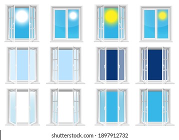 Transparent windows and sunny sky vector design illustration isolated on white background