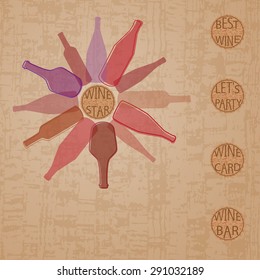Transparent wine bottles in the from of star on cork background. Vector illustration in eps10 format.