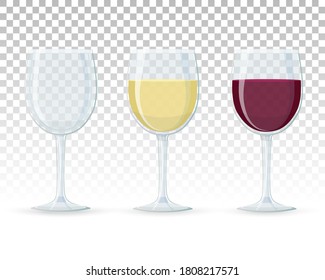 Vidrio transparente. Vinos vacíos, vino blanco, vino tinto. Vidrio con bebida alcohólica. Icono de vidrio de vid completo y vacío en estilo plano. Ilustración vectorial sobre fondo transparente.