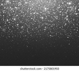 Transparent winter background. Realistic snowflakes, christmas snow, white dust and blizzard.