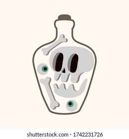 Transparent witch poison bottle with human skull, bones, eyes. Halloween vector illustration for cards, invitation, poster, shirt, sticker, decal, transfer, banner, flyer. Hand drawn graphic design