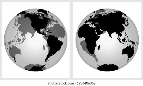 Transparent world globe map planet earth with back side visibility. Western and Eastern Hemisphere.