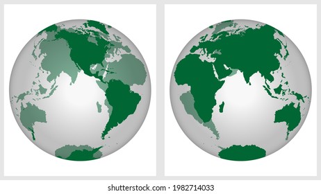 Transparent world globe map planet earth with back side visibility. Western and Eastern Hemisphere.