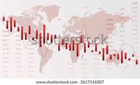 Transparent world map with candlestick graphs and sharp line dips shows synchronized economic contraction and ongoing financial instability. Vector illustration. Concept of economic crisis