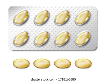 Transparent yellow capsule of drug in blister packaging. Realistic vitamin or fish oil vector illustration. capsule translucent pharmaceutical vector illustration