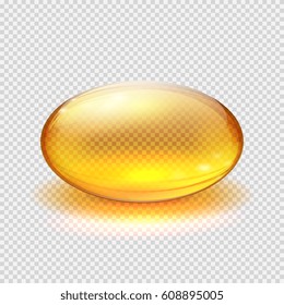 Transparent yellow capsule of drug, vitamin or fish oil macro vector illustration. Vitamin translucent pill drug, capsule translucent pharmaceutical