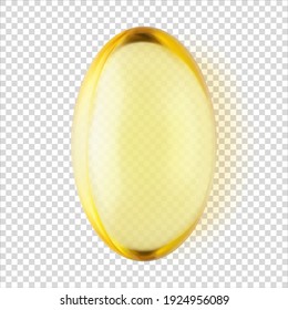 Transparent yellow capsule Vitamin E pill isolated 3d realistic vector illustration. Omega 3 close-up. Healthcare concept. Pharmaceutical medicine.  Supplements pill, nutrients and probiotics