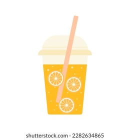 Transparent yellow cup with lid and straw with orange lemonade with sliced oranges and bubbles. Icon, sticker, banner.