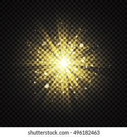 Transparent yellow glowing light glitter background effect. Magic glow sparkling star dust. Explosion with sparks on dark backdrop. Vector Illustration.