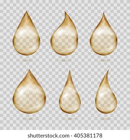 Transparent yellow oil drops vector set. Oil transparent, droplet oil reflection, drip oil olive illustration