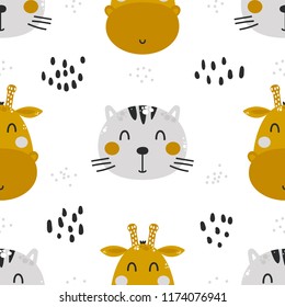 
Patrón transparente de vector con animales lindos. For children, nursery, wrapping or textile. Hand drawn style