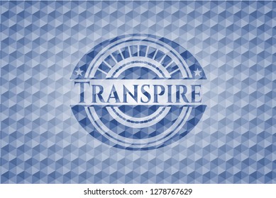 Transpire blue emblem with geometric pattern background.