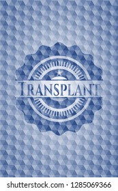 Transplant blue emblem with geometric pattern background.